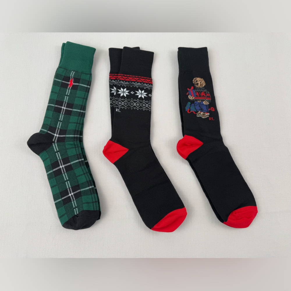 Polo Ralph Lauren Men's Polo Bear Plaid Holiday Socks 3 Pack Size 6-12.5
